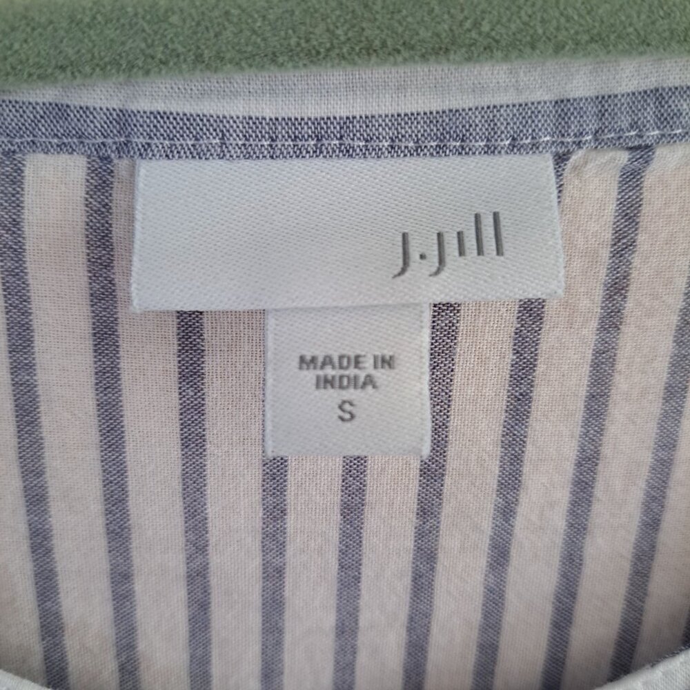 J. Jill Blue White Mixed Direction Stripe Top Tunic Blouse Shirt Small Roll Slee - Picture 2 of 10